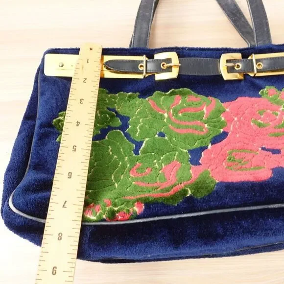 1970s VINTAGE Roberta Di Camerino Bag Flower Navy Devore Gold Belt Bagonghi RARE